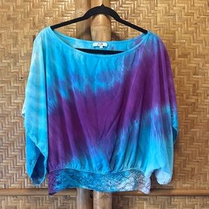 Mijo Tie Dye purple blue kimono Blouse w crochet small